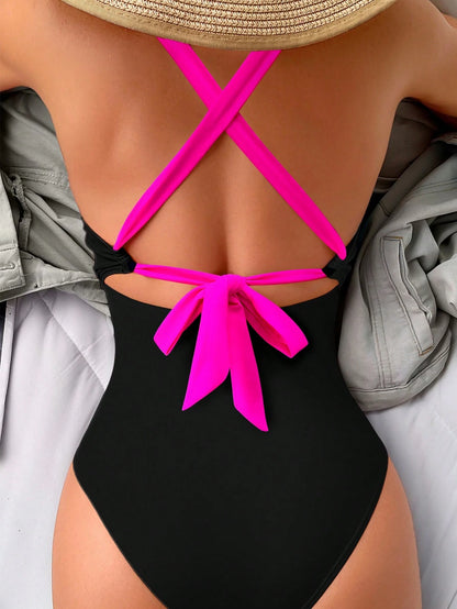 Women's Vacation Contrast Color Deep V Sexy Halter One-Piece Swimsuit For Summer