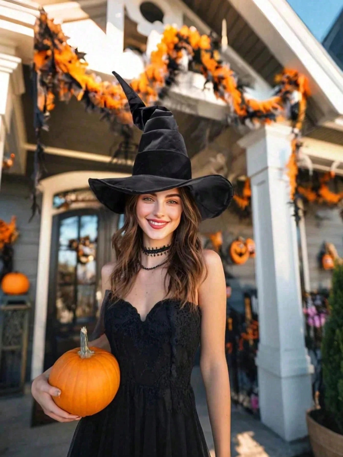 Women's Velvet Witch Hat With Organza Bow Decoration, Halloween Cosplay Costume Accessory