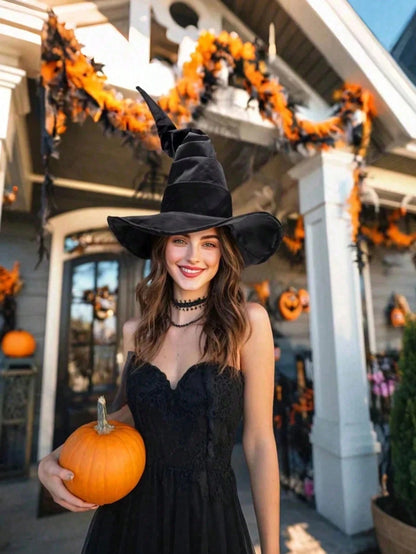 Women's Velvet Witch Hat With Organza Bow Decoration, Halloween Cosplay Costume Accessory