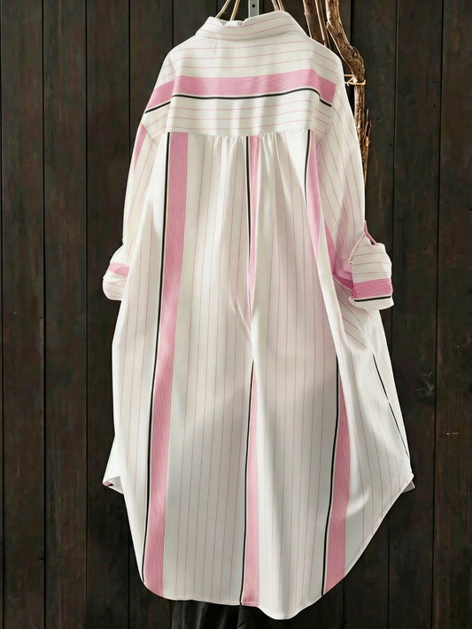 Women's Vertical Striped Loose Shirt Dress, Spring/Summer Long Shirt With Rolled Sleeves And Pockets Pink, Aesthetic