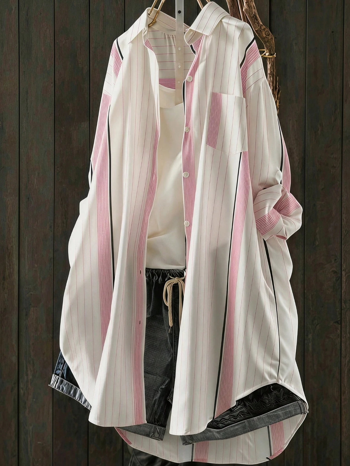 Women's Vertical Striped Loose Shirt Dress, Spring/Summer Long Shirt With Rolled Sleeves And Pockets Pink, Aesthetic