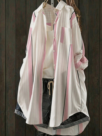 Women's Vertical Striped Loose Shirt Dress, Spring/Summer Long Shirt With Rolled Sleeves And Pockets Pink, Aesthetic