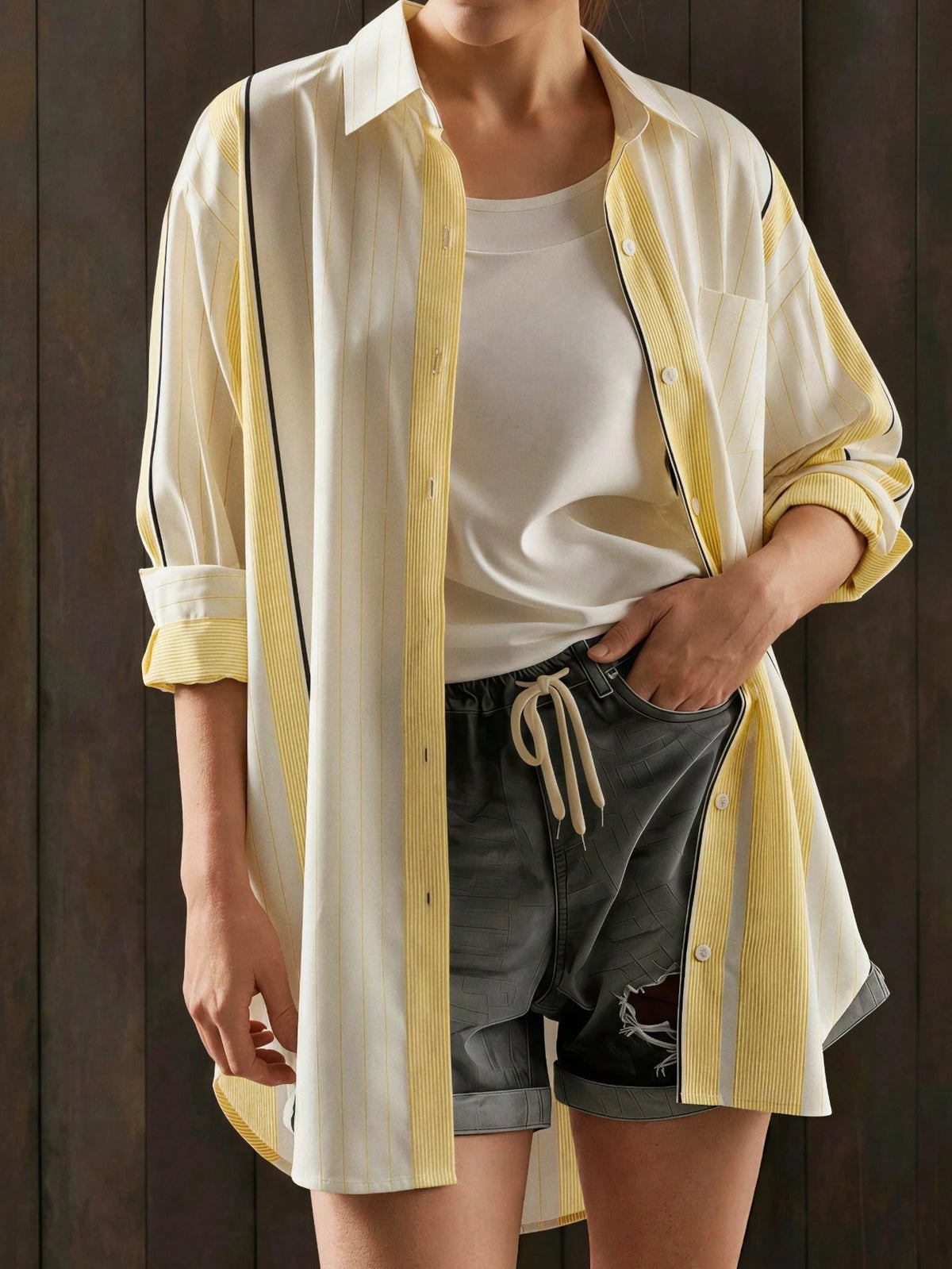 Women's Vertical Striped Loose Shirt Dress, Spring/Summer Long Shirt With Rolled Sleeves And Pockets Pink, Aesthetic