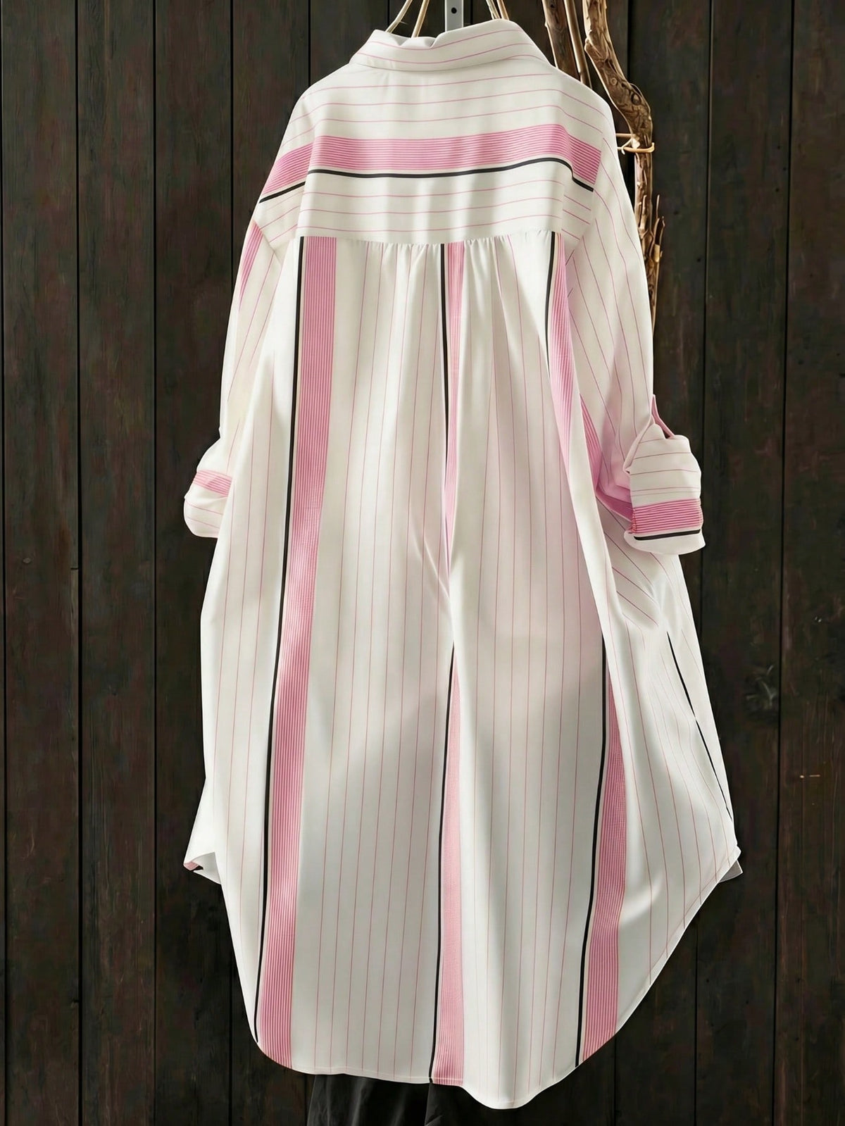 Women's Vertical Striped Loose Shirt Dress, Spring/Summer Long Shirt With Rolled Sleeves And Pockets Pink, Aesthetic