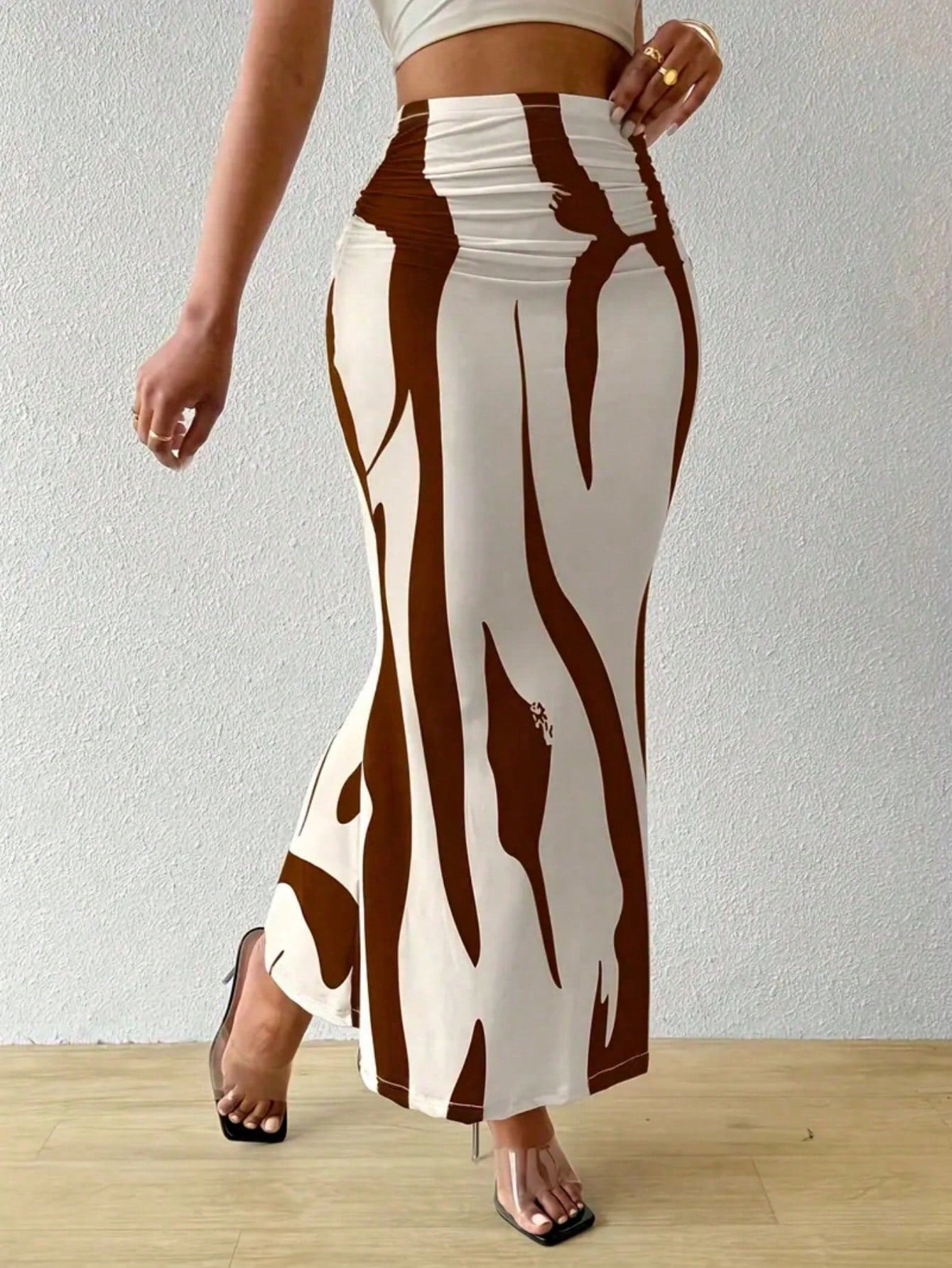 Women's Waist Ruched Fish Tail Hem Printed Elegant Skirt Spring Brown