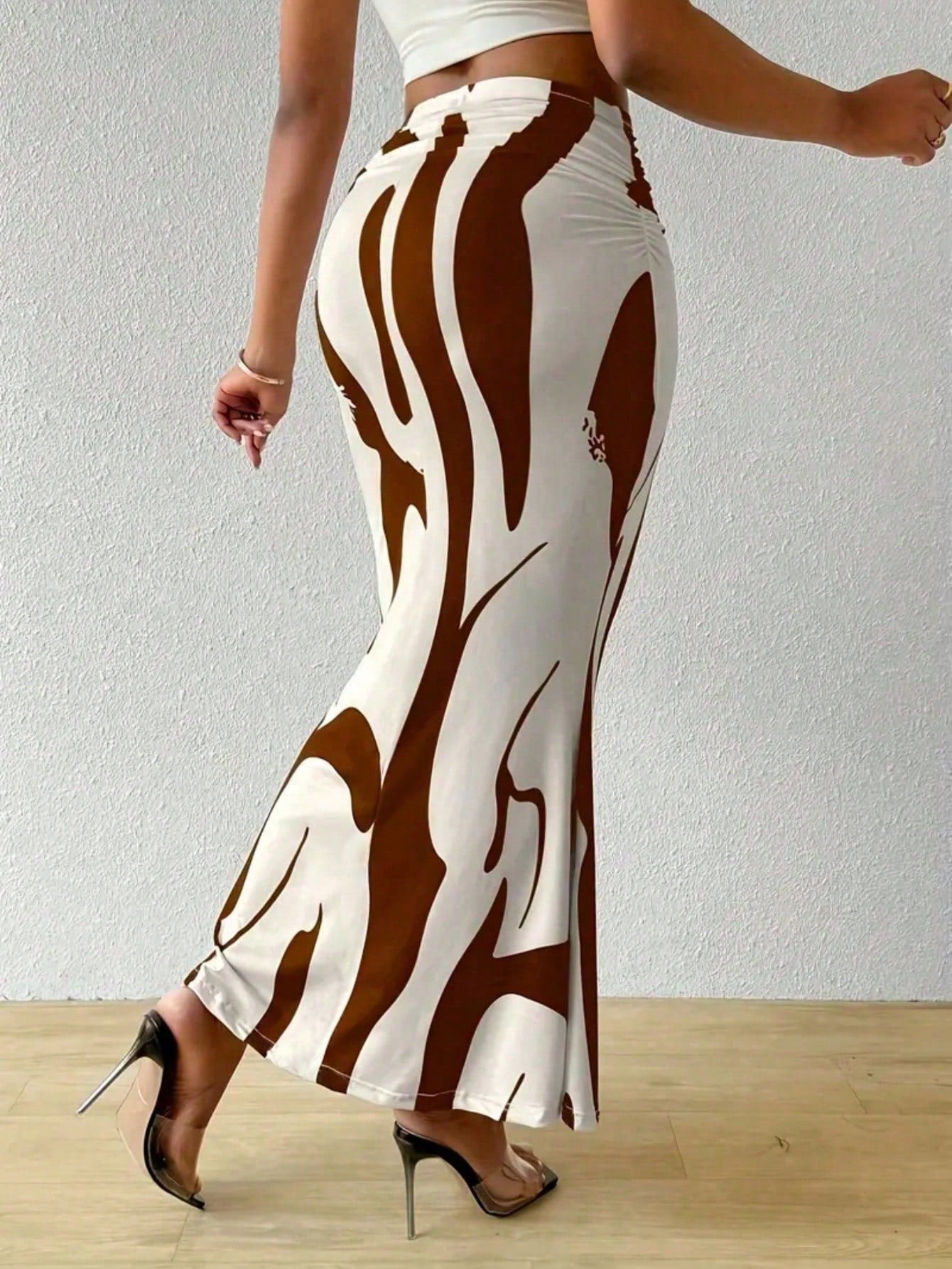 Women's Waist Ruched Fish Tail Hem Printed Elegant Skirt Spring Brown