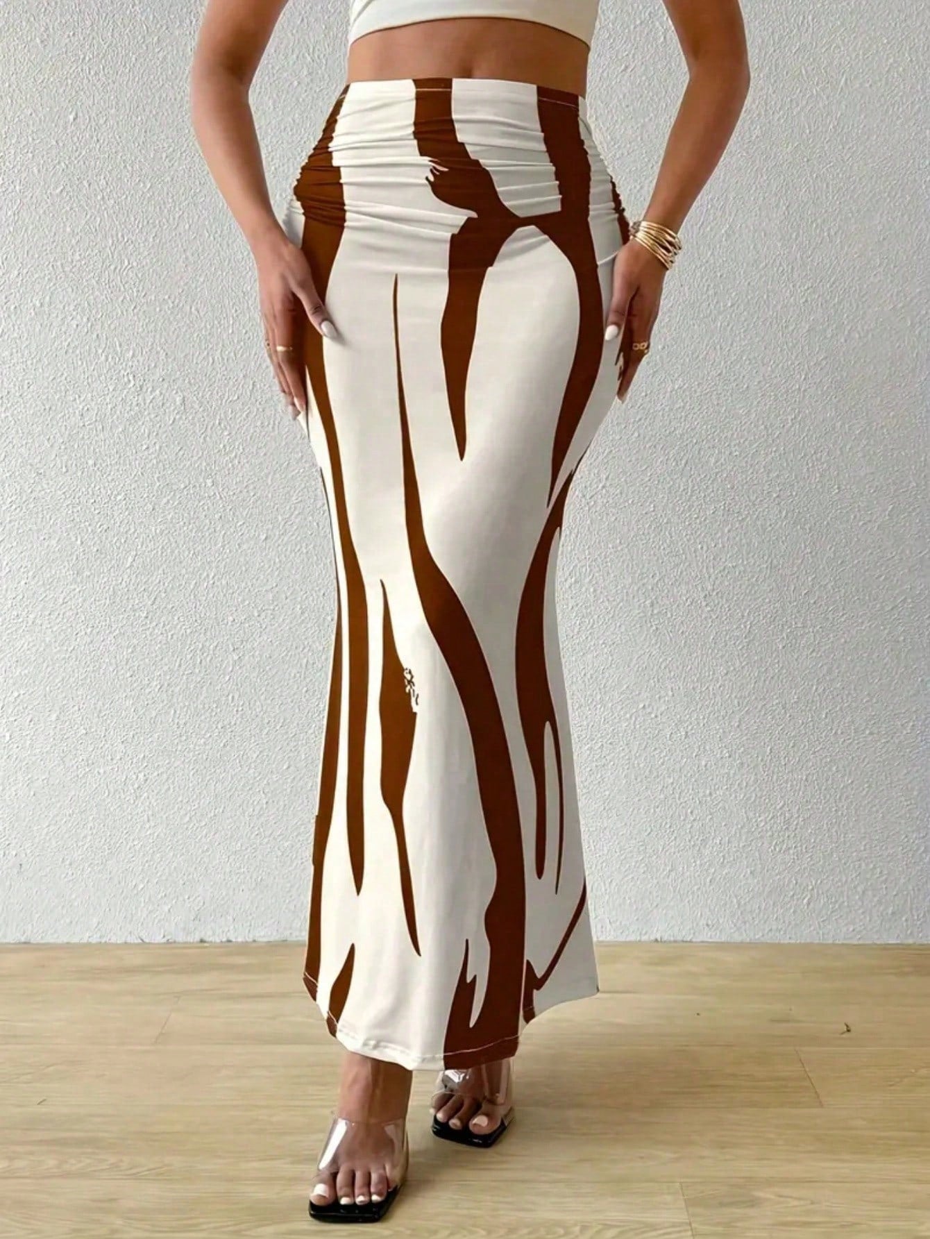 Women's Waist Ruched Fish Tail Hem Printed Elegant Skirt Spring Brown