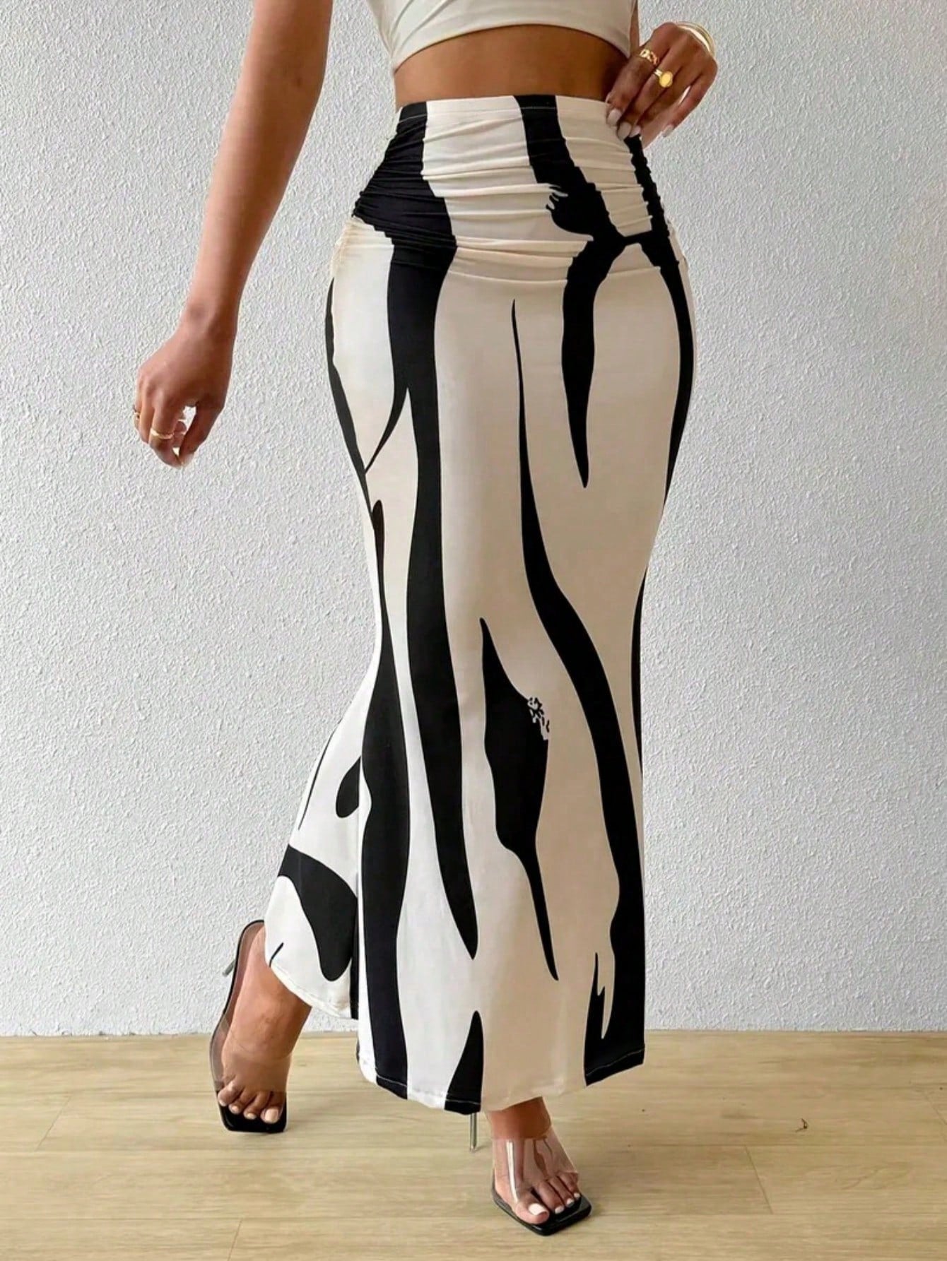 Women's Waist Ruched Fish Tail Hem Printed Elegant Skirt Spring Brown