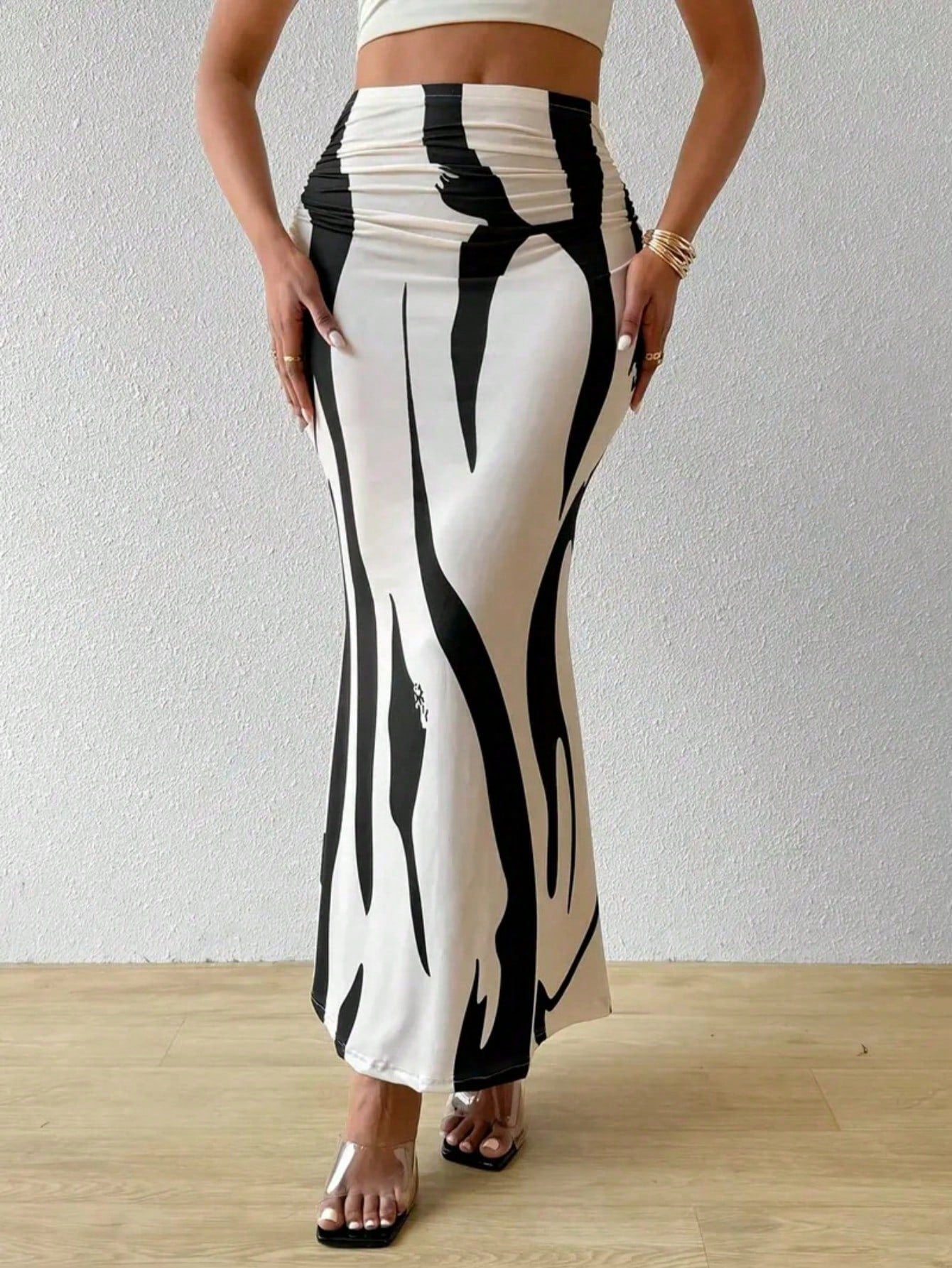 Women's Waist Ruched Fish Tail Hem Printed Elegant Skirt Spring Brown