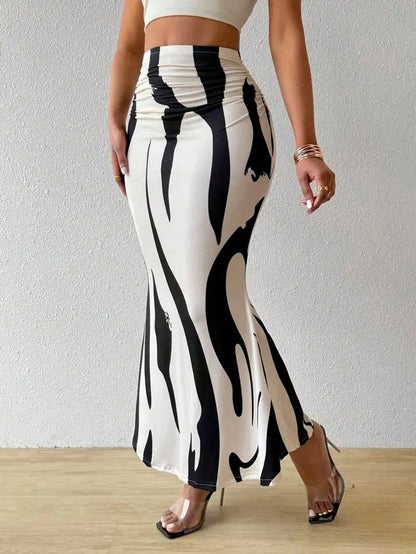 Women's Waist Ruched Fish Tail Hem Printed Elegant Skirt Spring Brown