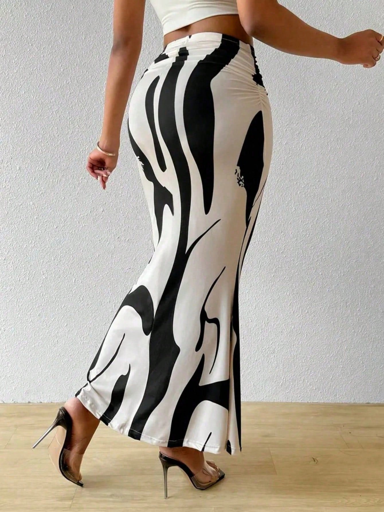Women's Waist Ruched Fish Tail Hem Printed Elegant Skirt Spring Brown