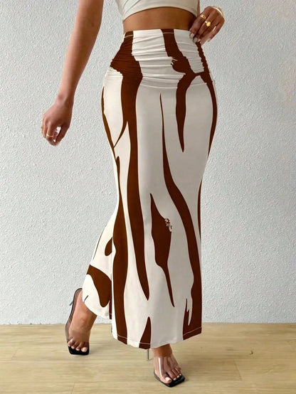 Women's Waist Ruched Fish Tail Hem Printed Elegant Skirt Spring Brown