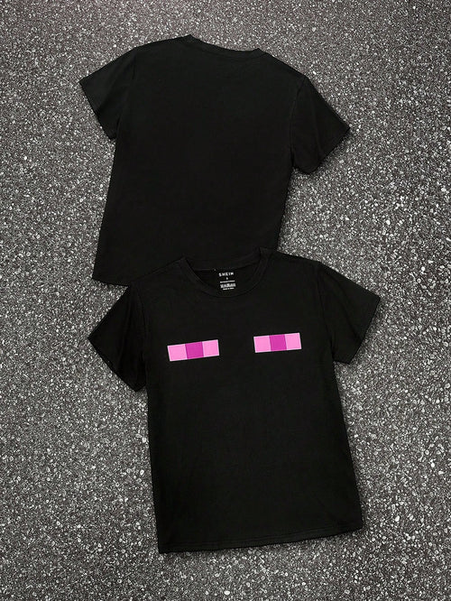Women's Y2K Eye Graphic Pixel Chic Club Top,Pink And Black,Summer,Casual,Everyday Punk Street Fashion Aesthetic Gothic Tee,Resort Round Neck