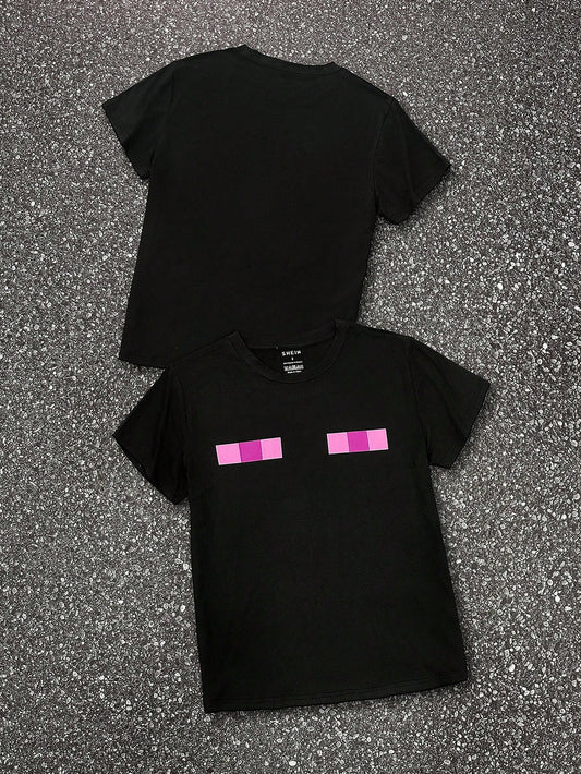 Women's Y2K Eye Graphic Pixel Chic Club Top,Pink And Black,Summer,Casual,Everyday Punk Street Fashion Aesthetic Gothic Tee,Resort Round Neck