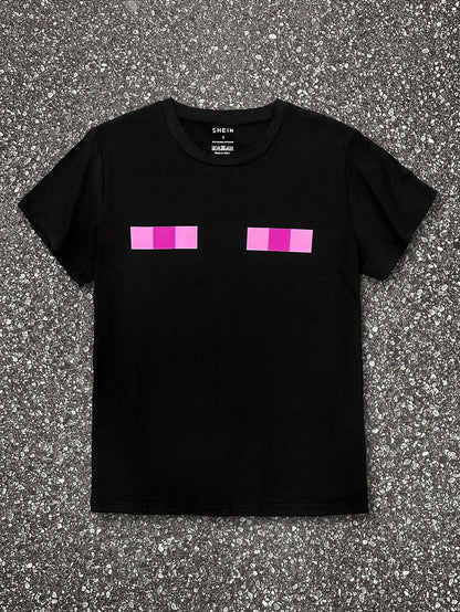 Women's Y2K Eye Graphic Pixel Chic Club Top,Pink And Black,Summer,Casual,Everyday Punk Street Fashion Aesthetic Gothic Tee,Resort Round Neck