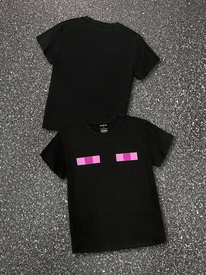 Women's Y2K Eye Graphic Pixel Chic Club Top,Pink And Black,Summer,Casual,Everyday Punk Street Fashion Aesthetic Gothic Tee,Resort Round Neck