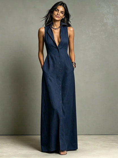 Women Summer Casual Dress New Arrival Solid Color Lapel Collar Button Front Sleeveless Loose Dress With Side Pockets