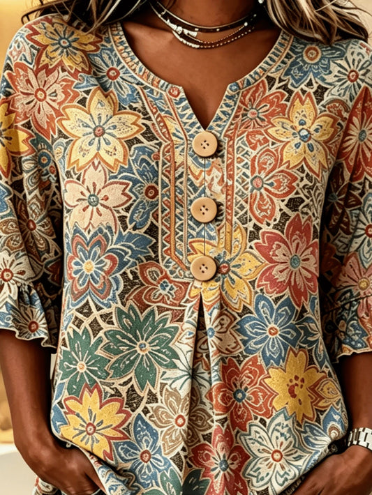 Women Tropical Floral Allover Print Notched V Neck Blouse, Half Wooden Button Flounce 3/4 Ruffle Sleeve Loose Casual Summer Daily Top