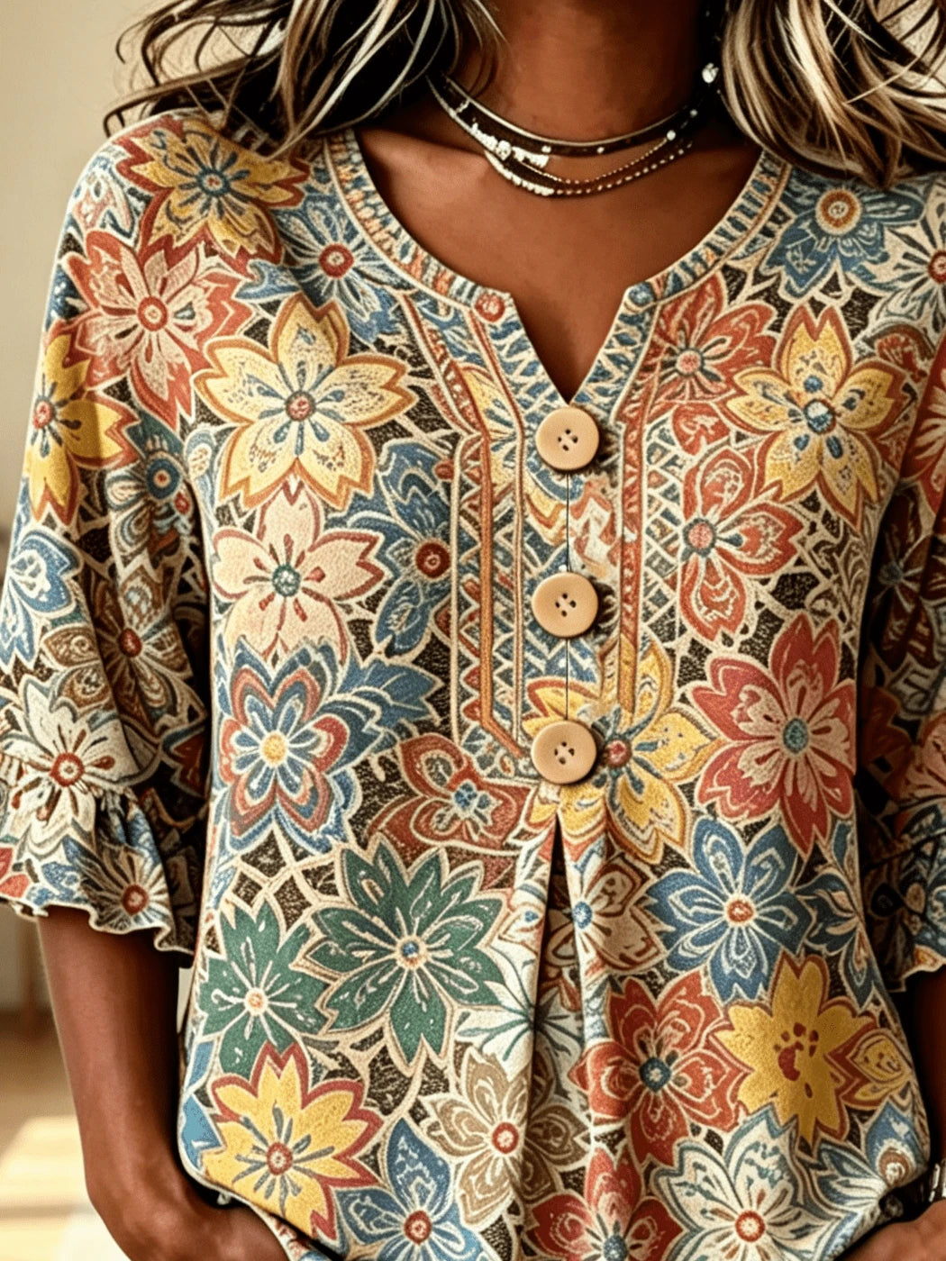 Women Tropical Floral Allover Print Notched V Neck Blouse, Half Wooden Button Flounce 3/4 Ruffle Sleeve Loose Casual Summer Daily Top