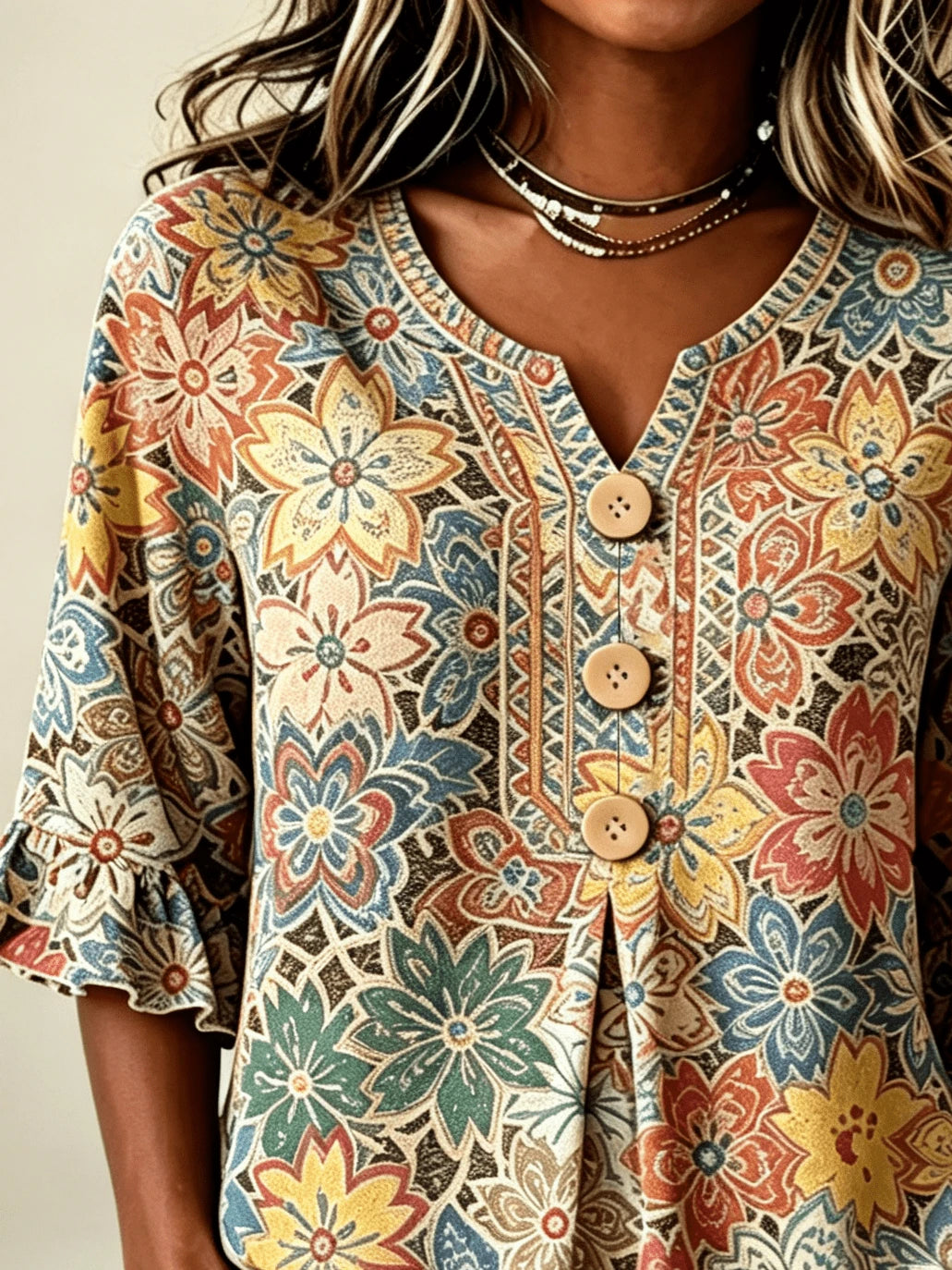 Women Tropical Floral Allover Print Notched V Neck Blouse, Half Wooden Button Flounce 3/4 Ruffle Sleeve Loose Casual Summer Daily Top