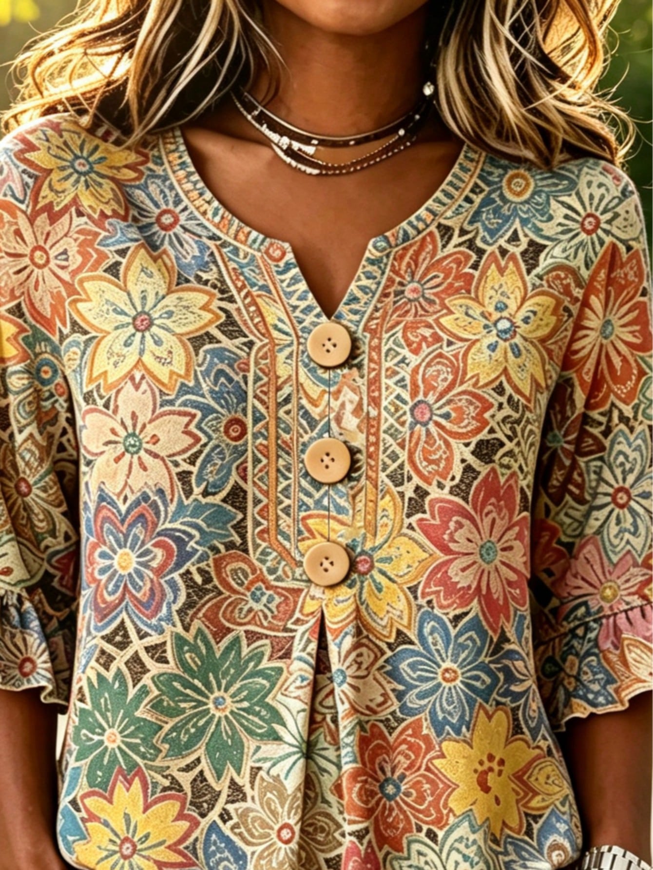 Women Tropical Floral Allover Print Notched V Neck Blouse, Half Wooden Button Flounce 3/4 Ruffle Sleeve Loose Casual Summer Daily Top