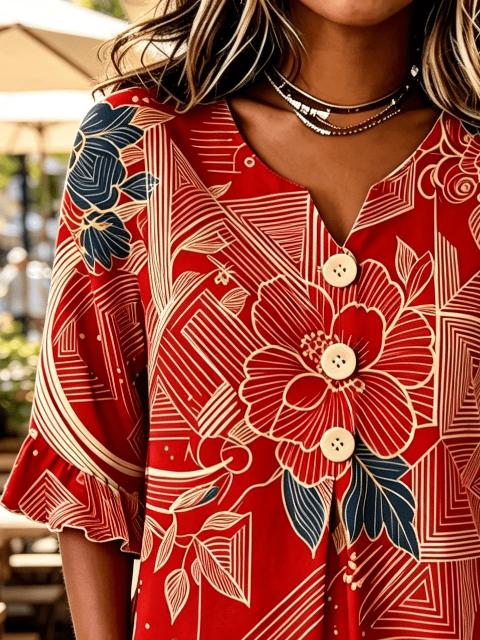 Women Tropical Floral Allover Print Notched V Neck Blouse, Half Wooden Button Flounce 3/4 Ruffle Sleeve Loose Casual Summer Daily Top