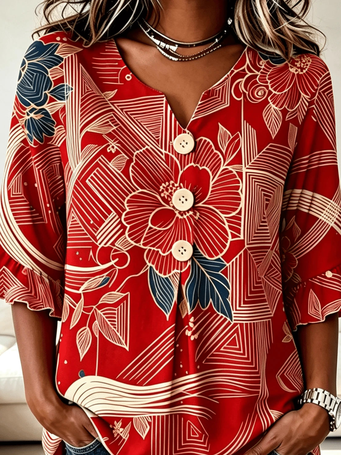 Women Tropical Floral Allover Print Notched V Neck Blouse, Half Wooden Button Flounce 3/4 Ruffle Sleeve Loose Casual Summer Daily Top