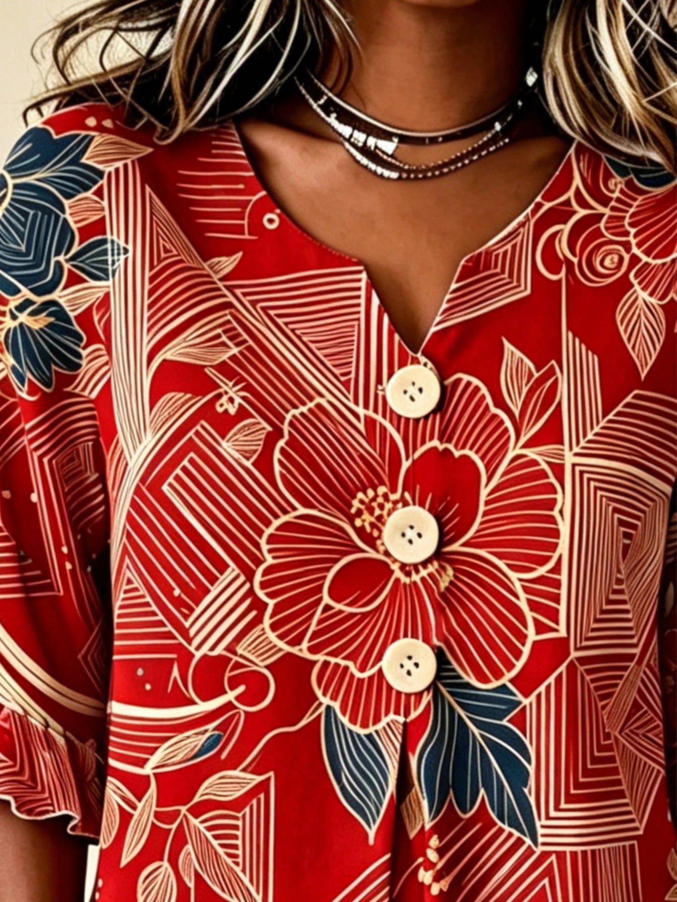 Women Tropical Floral Allover Print Notched V Neck Blouse, Half Wooden Button Flounce 3/4 Ruffle Sleeve Loose Casual Summer Daily Top