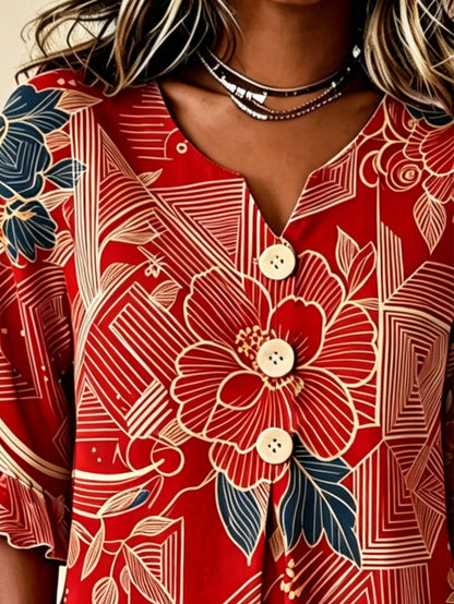 Women Tropical Floral Allover Print Notched V Neck Blouse, Half Wooden Button Flounce 3/4 Ruffle Sleeve Loose Casual Summer Daily Top