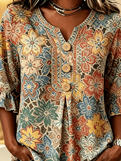 Women Tropical Floral Allover Print Notched V Neck Blouse, Half Wooden Button Flounce 3/4 Ruffle Sleeve Loose Casual Summer Daily Top