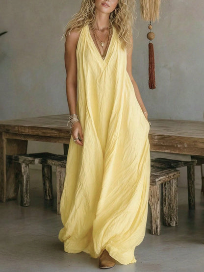 Women V-Neck Maxi Dress With Pockets Casual Loose Dress For Summer Vacation Beach Loungewear Wear