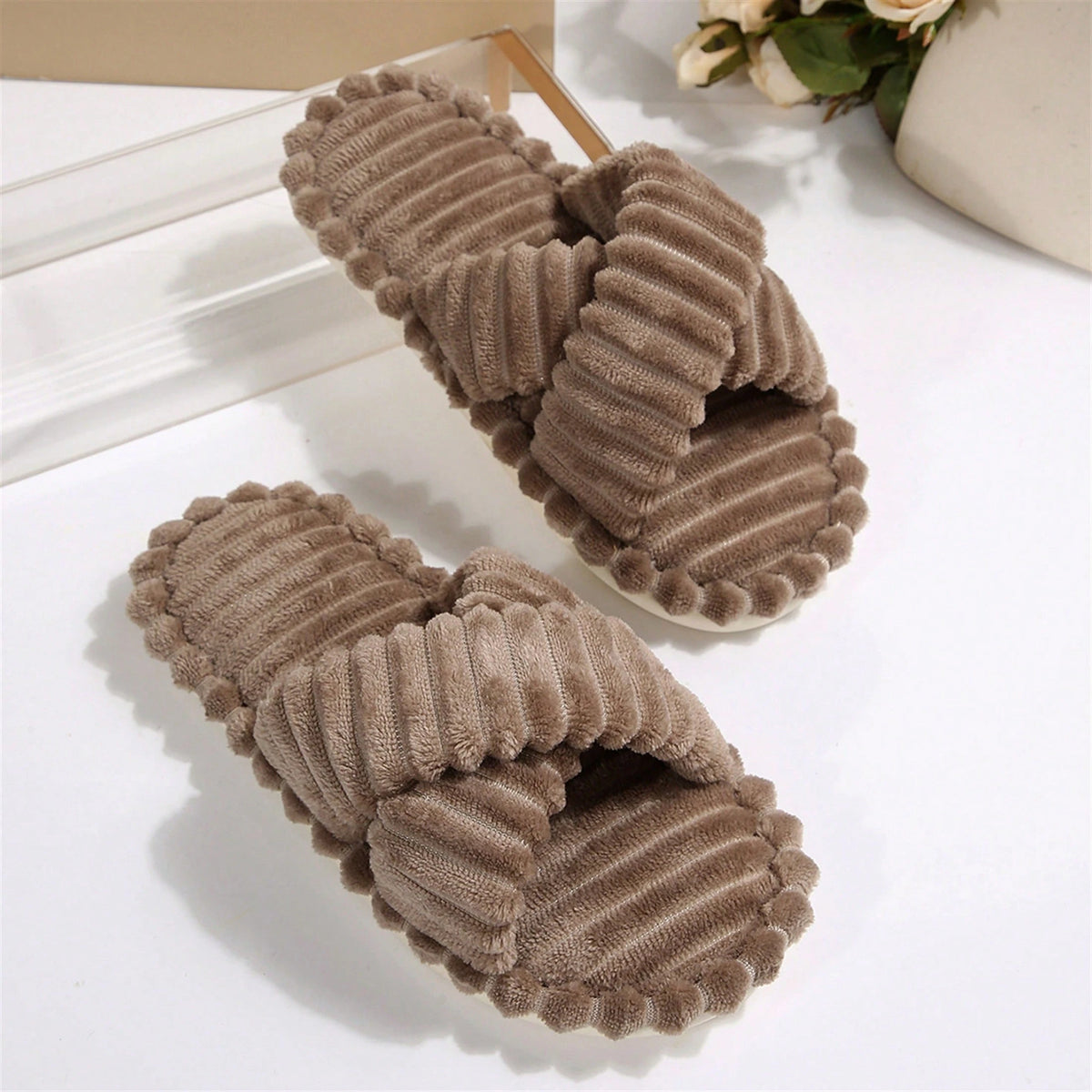Womens Slippers Open Toe Indoor Memory Foam Slide Cross Band Outdoor