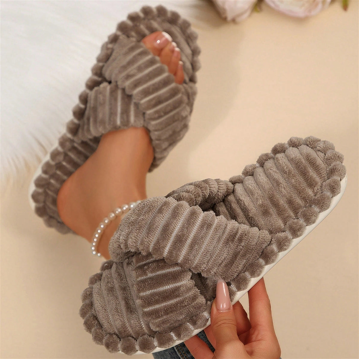 Womens Slippers Open Toe Indoor Memory Foam Slide Cross Band Outdoor