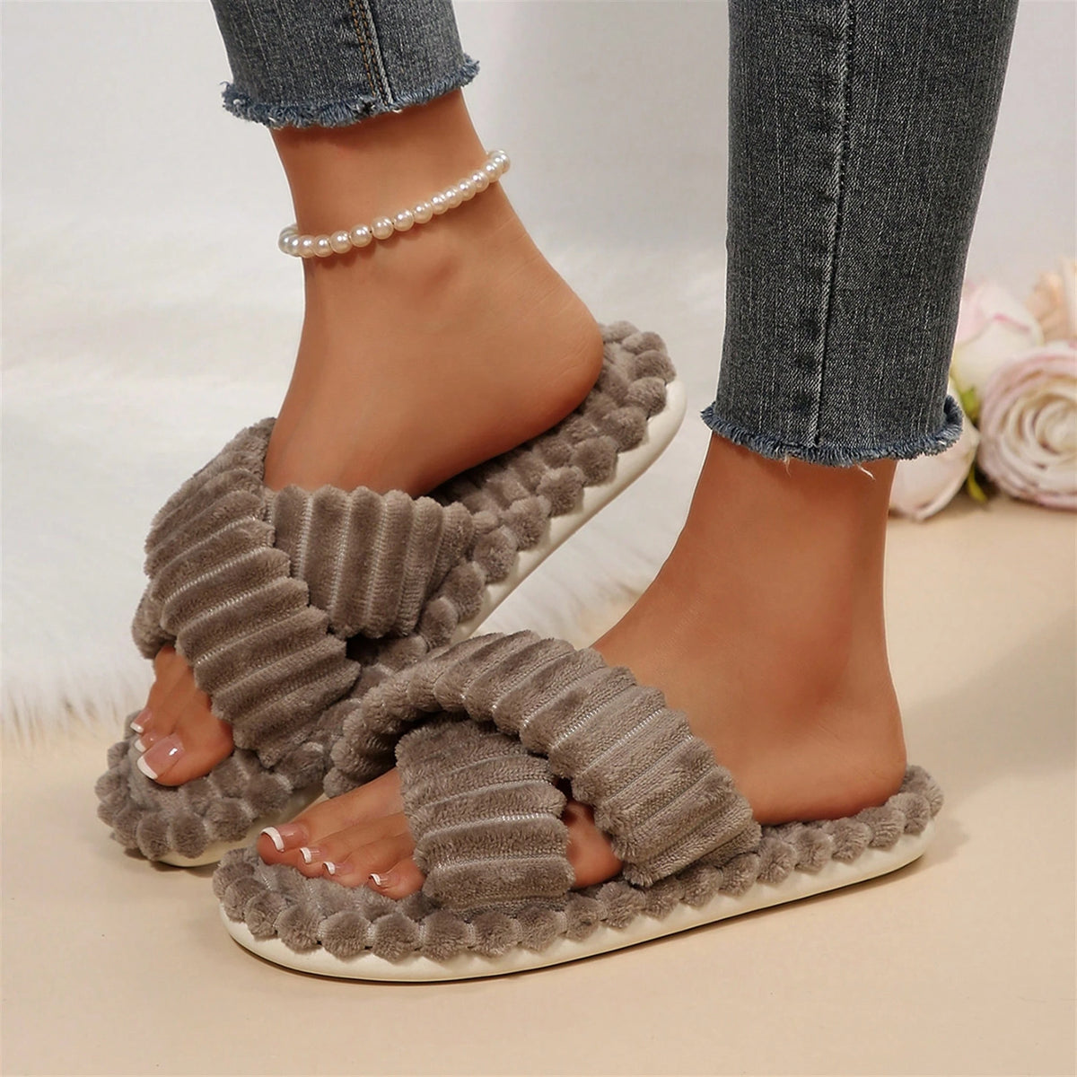 Womens Slippers Open Toe Indoor Memory Foam Slide Cross Band Outdoor