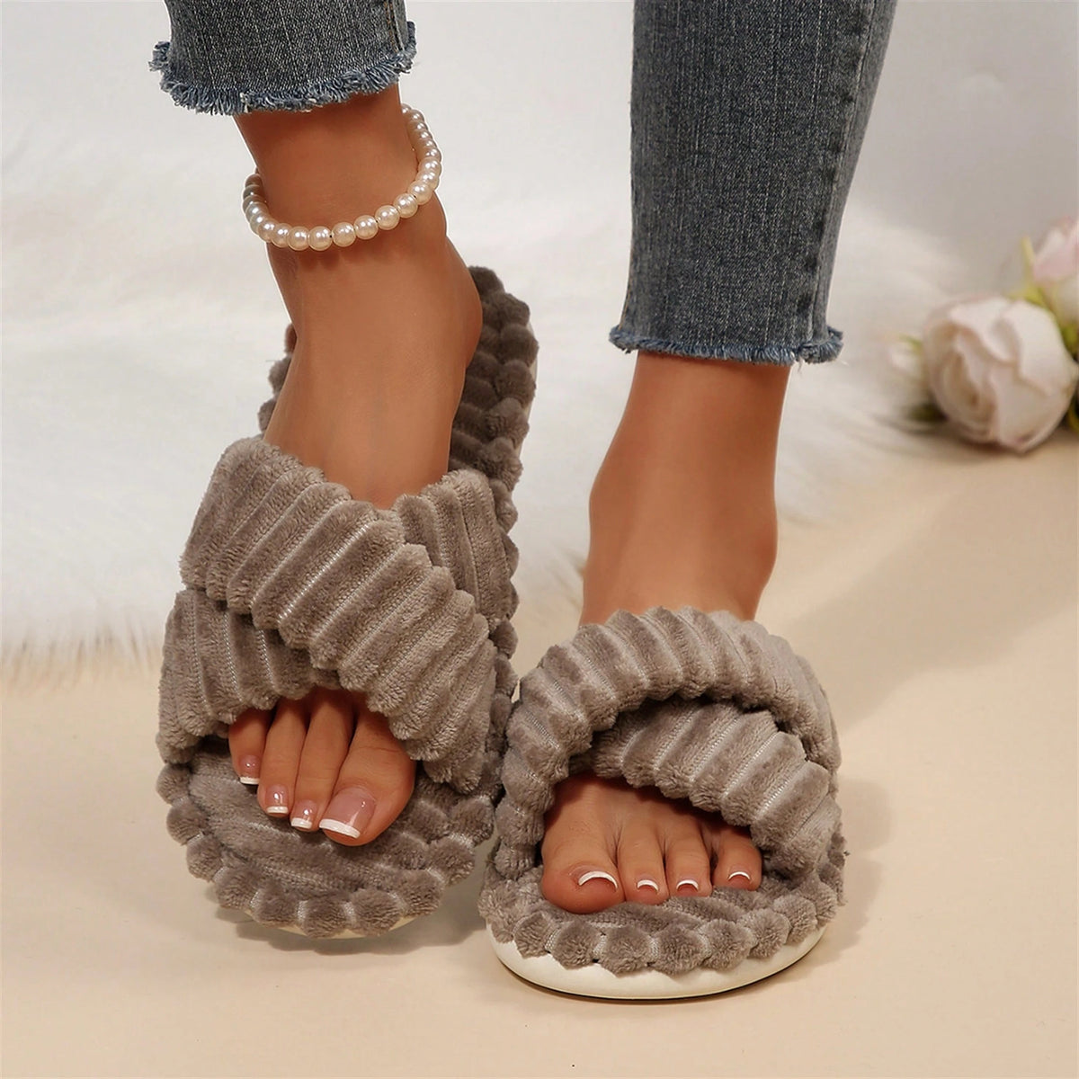 Womens Slippers Open Toe Indoor Memory Foam Slide Cross Band Outdoor