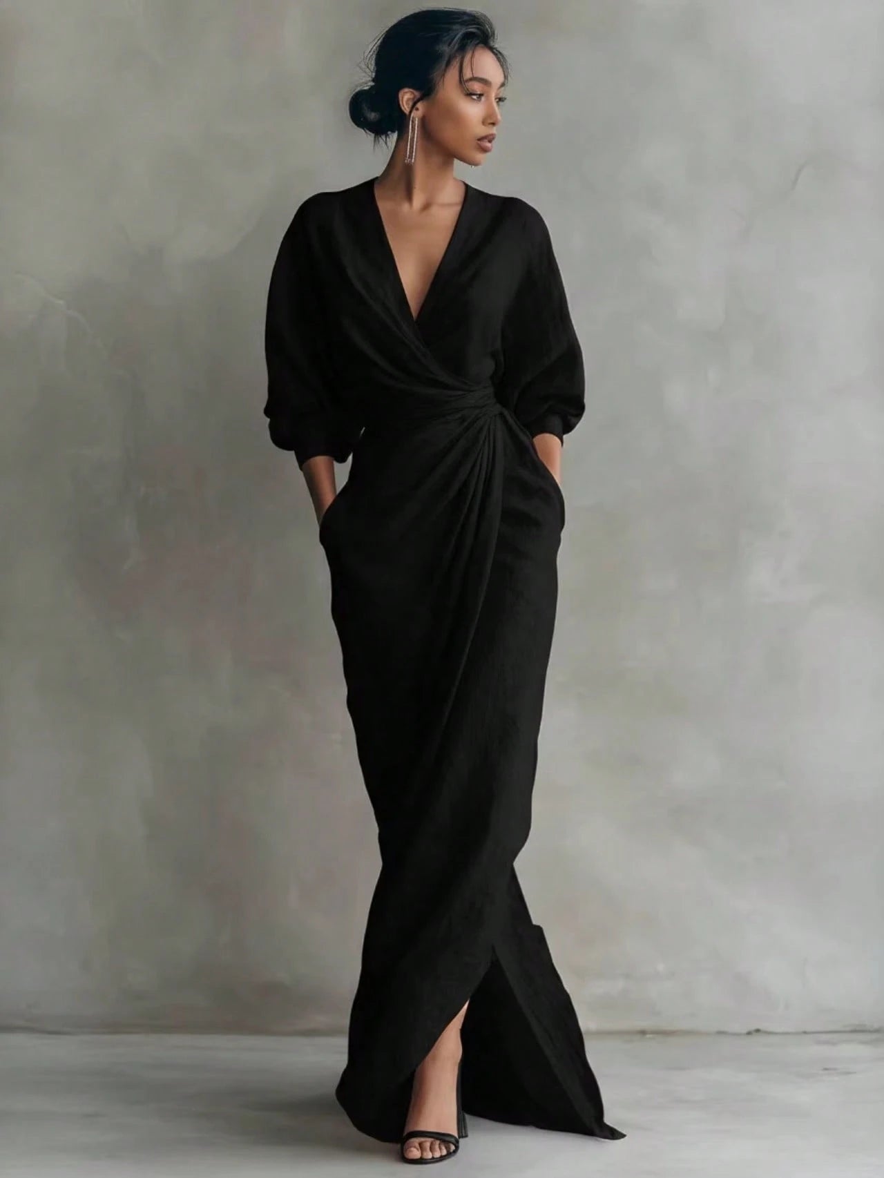 Wrap Maxi Dress, V-Neck Batwing Sleeve Waist Tie With Slit, Elegant Formal Evening Gown