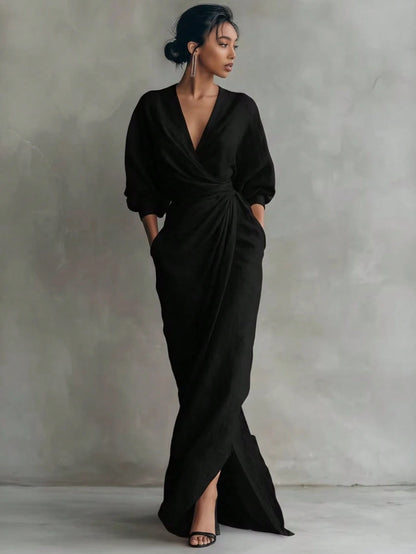 Wrap Maxi Dress, V-Neck Batwing Sleeve Waist Tie With Slit, Elegant Formal Evening Gown