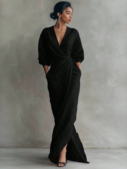 Wrap Maxi Dress, V-Neck Batwing Sleeve Waist Tie With Slit, Elegant Formal Evening Gown