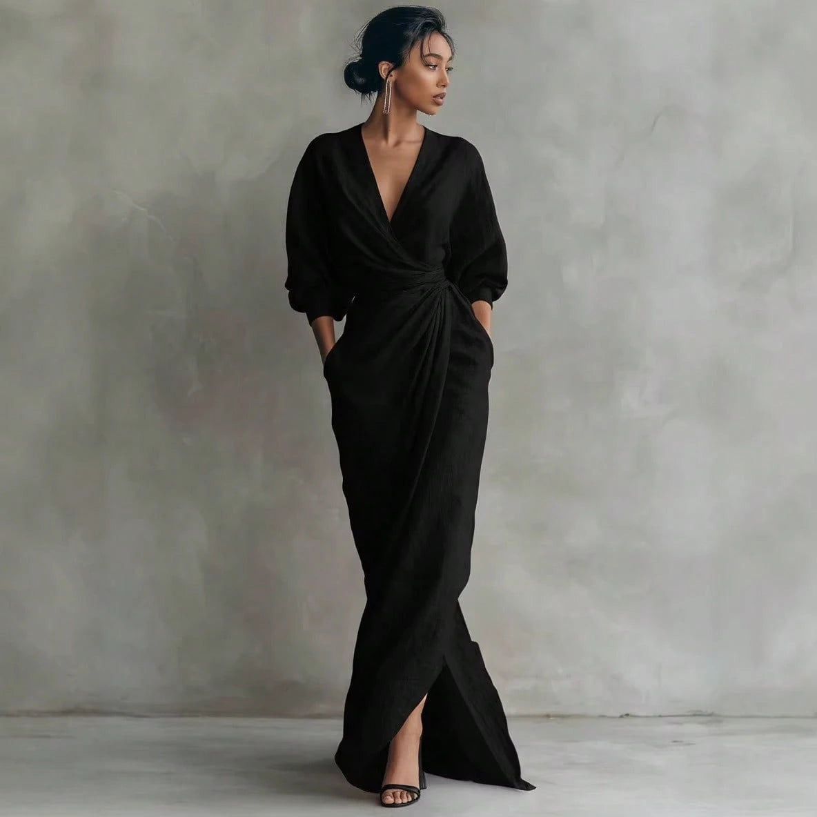 Wrap Maxi Dress, V-Neck Batwing Sleeve Waist Tie With Slit, Elegant Formal Evening Gown