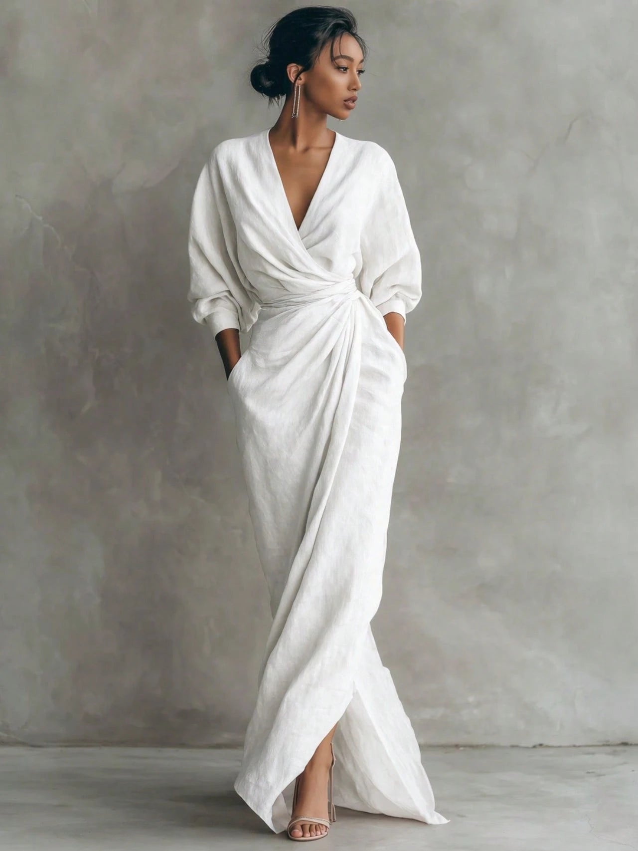 Wrap Maxi Dress, V-Neck Batwing Sleeve Waist Tie With Slit, Elegant Formal Evening Gown
