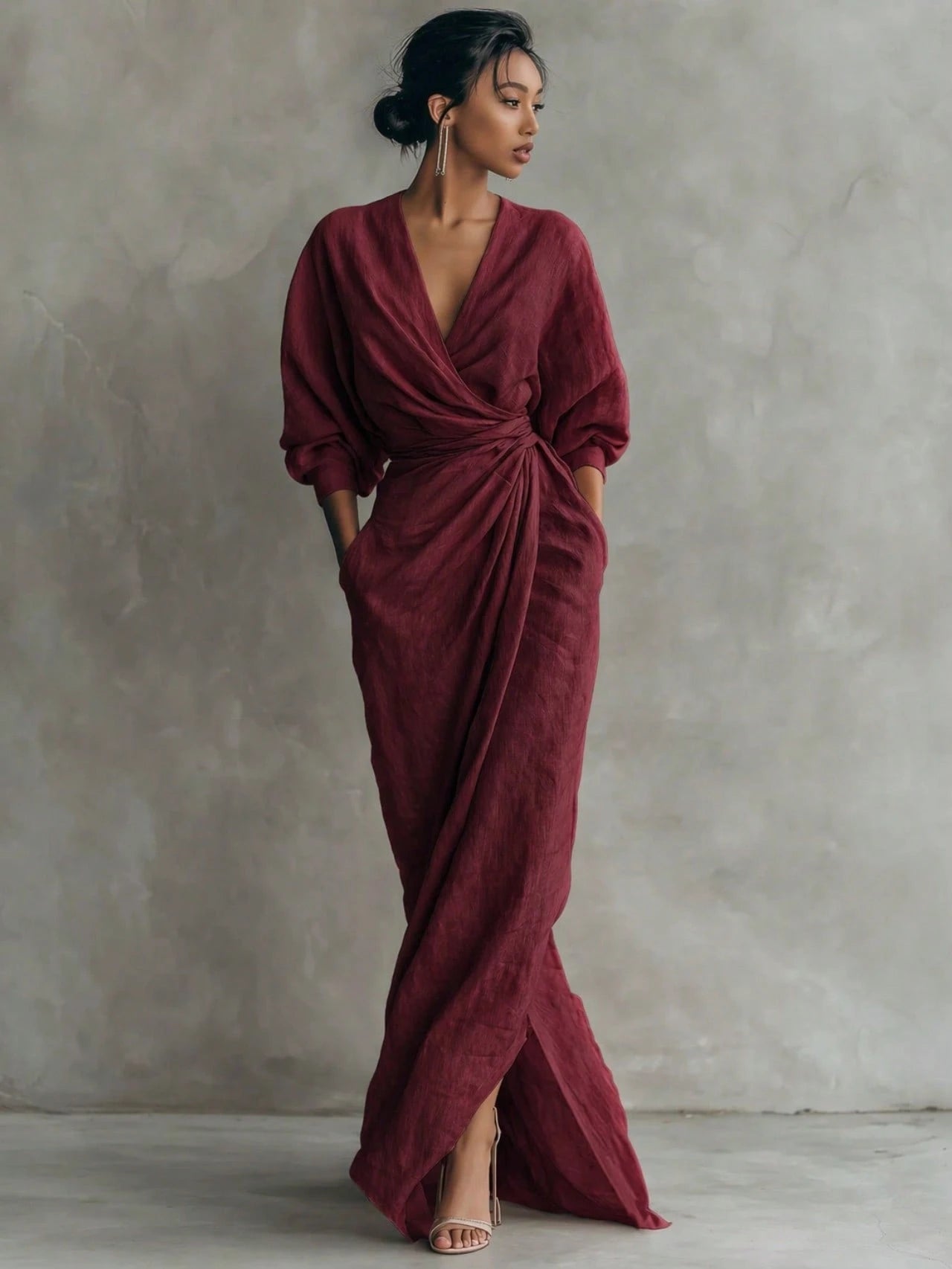 Wrap Maxi Dress, V-Neck Batwing Sleeve Waist Tie With Slit, Elegant Formal Evening Gown