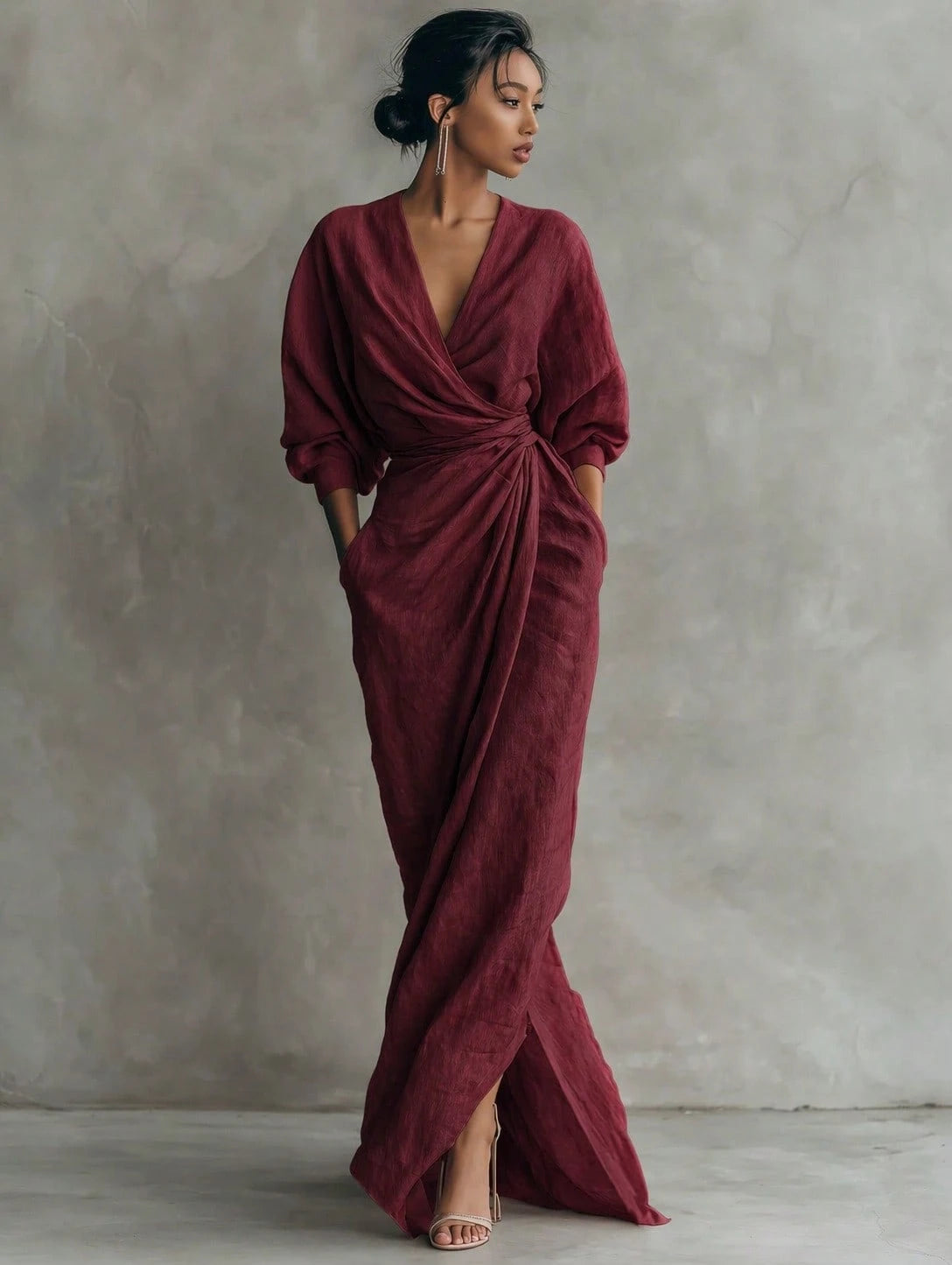 Wrap Maxi Dress, V-Neck Batwing Sleeve Waist Tie With Slit, Elegant Formal Evening Gown