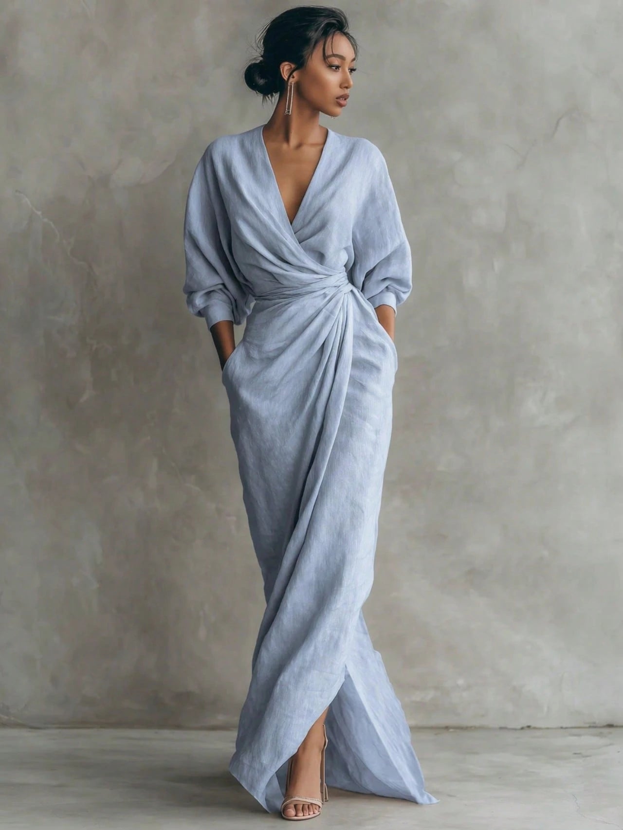 Wrap Maxi Dress, V-Neck Batwing Sleeve Waist Tie With Slit, Elegant Formal Evening Gown