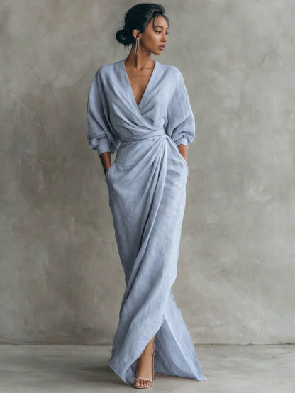 Wrap Maxi Dress, V-Neck Batwing Sleeve Waist Tie With Slit, Elegant Formal Evening Gown