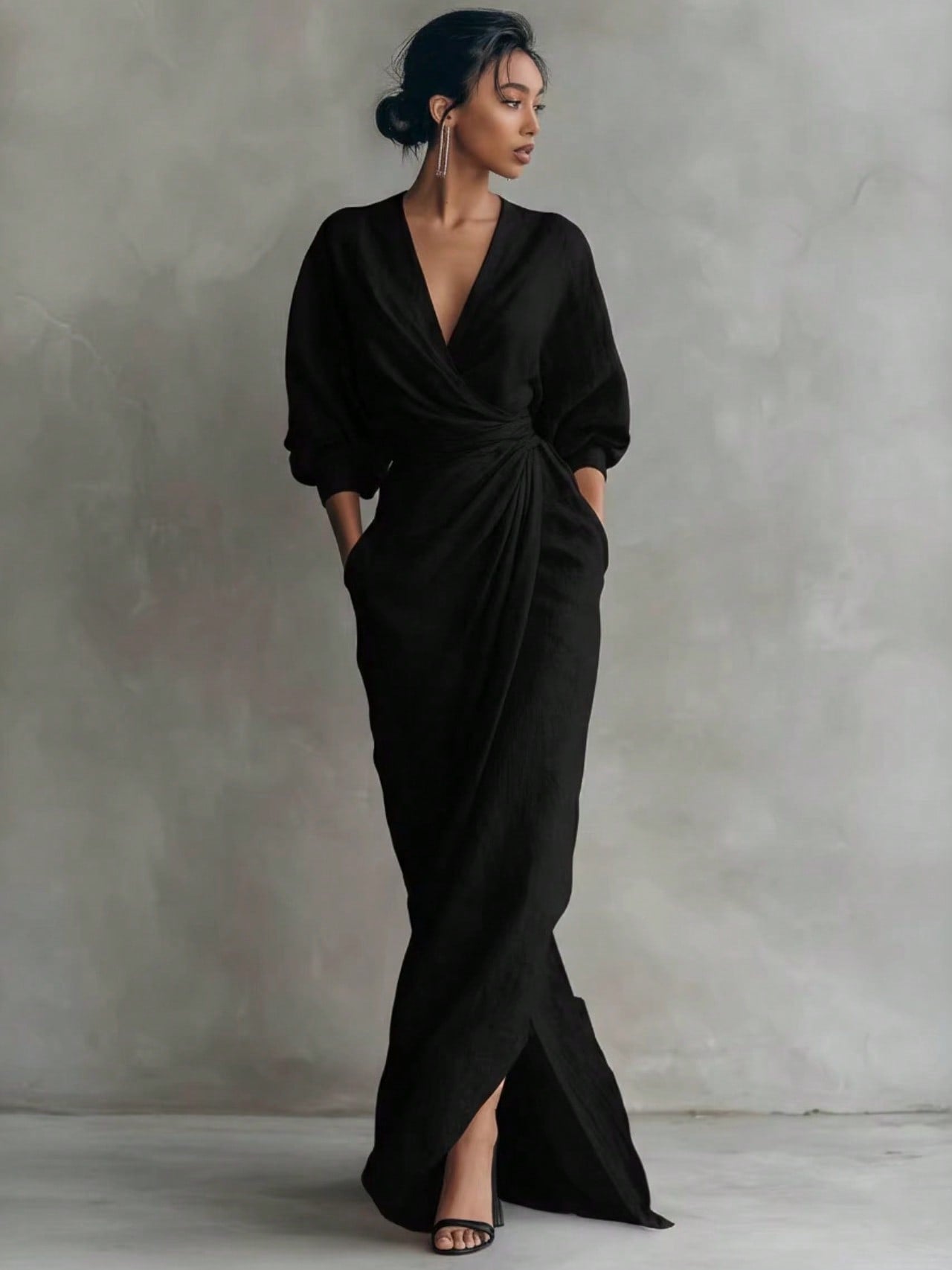 Wrap Maxi Dress, V-Neck Batwing Sleeve Waist Tie With Slit, Elegant Formal Evening Gown