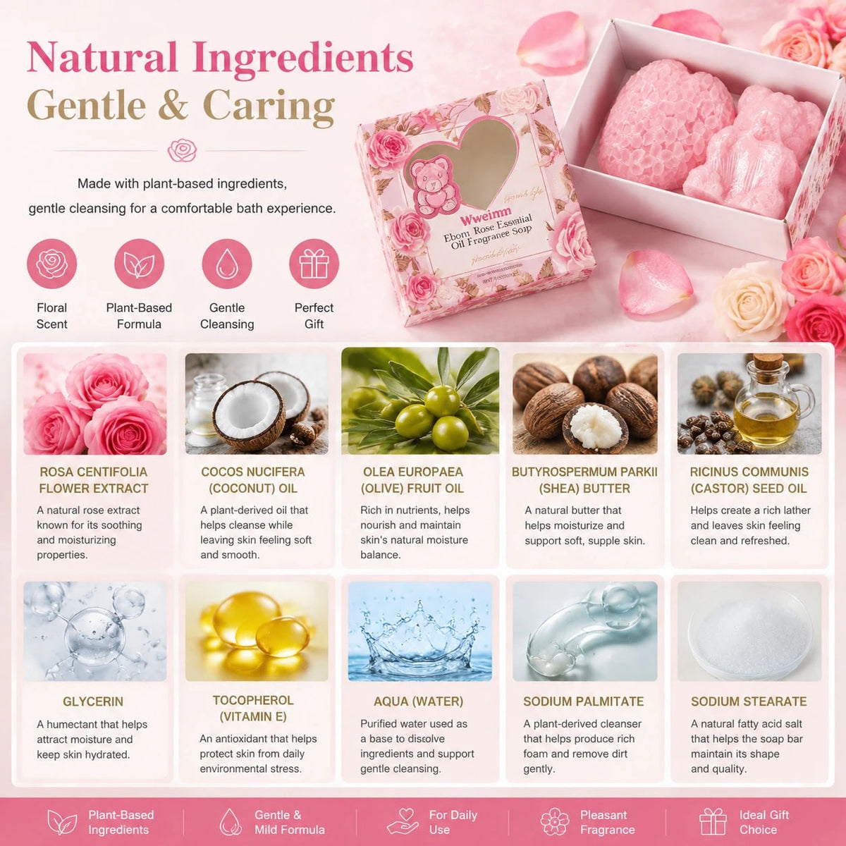 Wweimm Rose Gift Soap Set. Gentle Formula Suitable For Sensitive Skin, It Is Also An Ideal Christmas Gift, Halloween Party Favor, And Suitable For Various Scenarios Such As Family Daily Care, Holiday