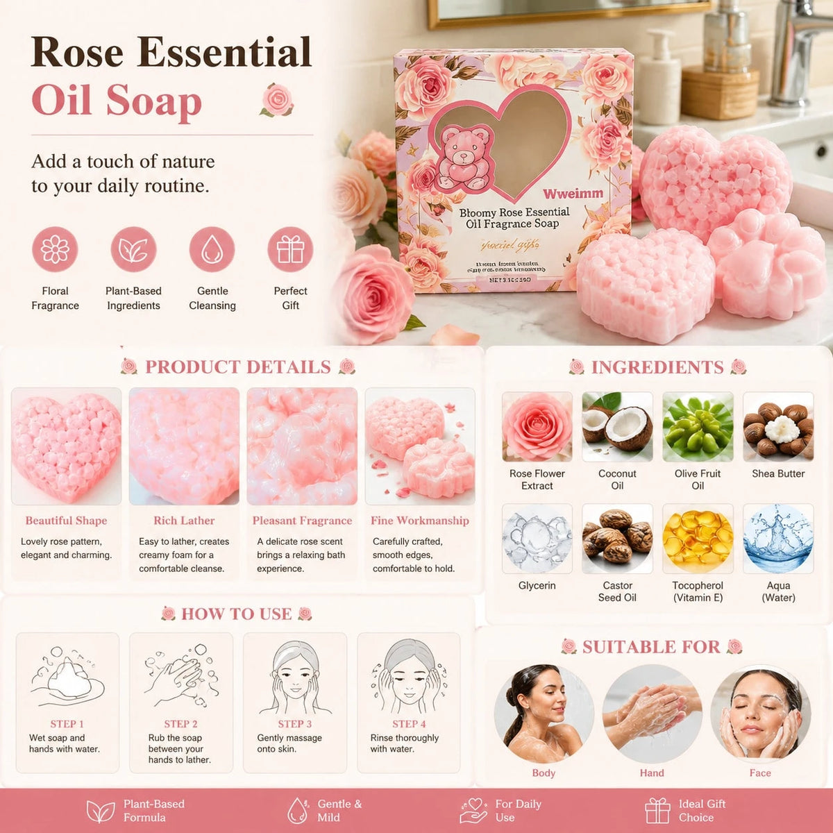 Wweimm Rose Gift Soap Set. Gentle Formula Suitable For Sensitive Skin, It Is Also An Ideal Christmas Gift, Halloween Party Favor, And Suitable For Various Scenarios Such As Family Daily Care, Holiday