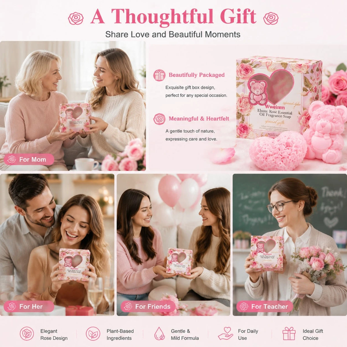 Wweimm Rose Gift Soap Set. Gentle Formula Suitable For Sensitive Skin, It Is Also An Ideal Christmas Gift, Halloween Party Favor, And Suitable For Various Scenarios Such As Family Daily Care, Holiday