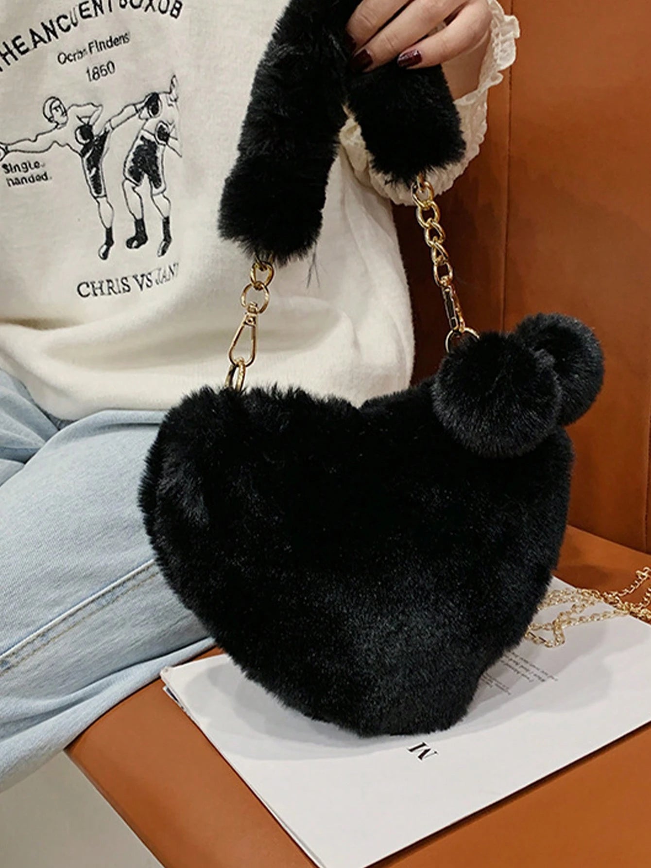 XD Plush Heart-Shaped Wallet, Soft And Compact, Can Be Used As A Shoulder Bag Or Clutch, Equipped With Metal Chain Strap, Perfect Fun Gift For Girls, Ideal Choice For New Women's Bags In Autumn/Winter