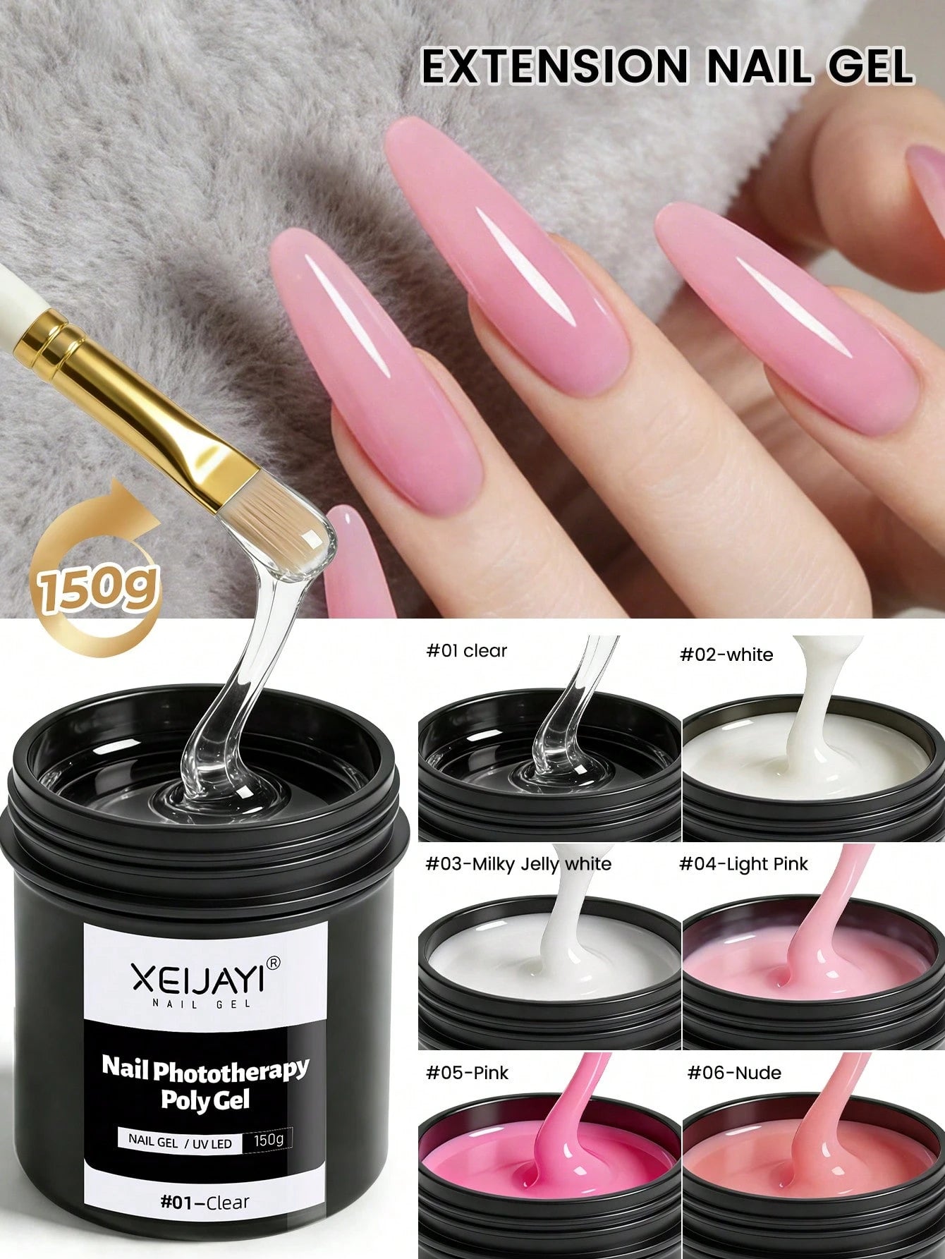 XEIJAYI 18pcs/Set 150g UV LED Curing Nail Extension Gel, Acrylic Crystal Nail Extension Gel For Home Salon DIY Nails